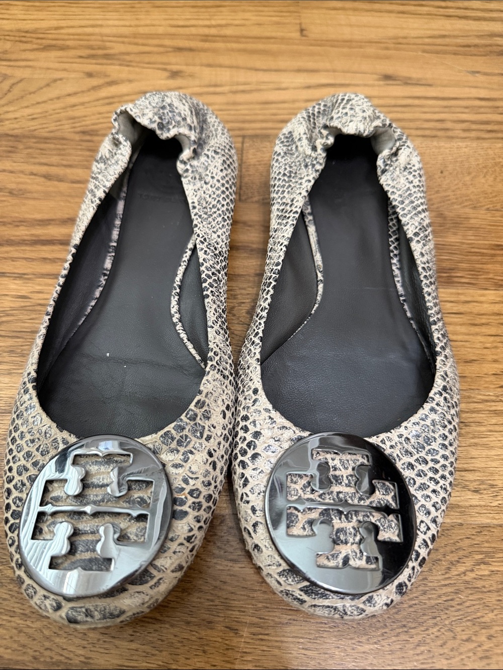 Tory Burch Snake-Embossed Reva Flats in Beige and Black Logo